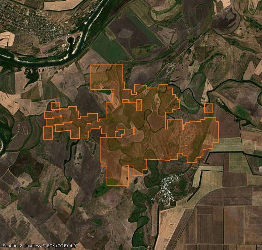 Contour de la zone brûlée de Ажиновское сельское поселение (RU), tracé sur l'imagerie satellite