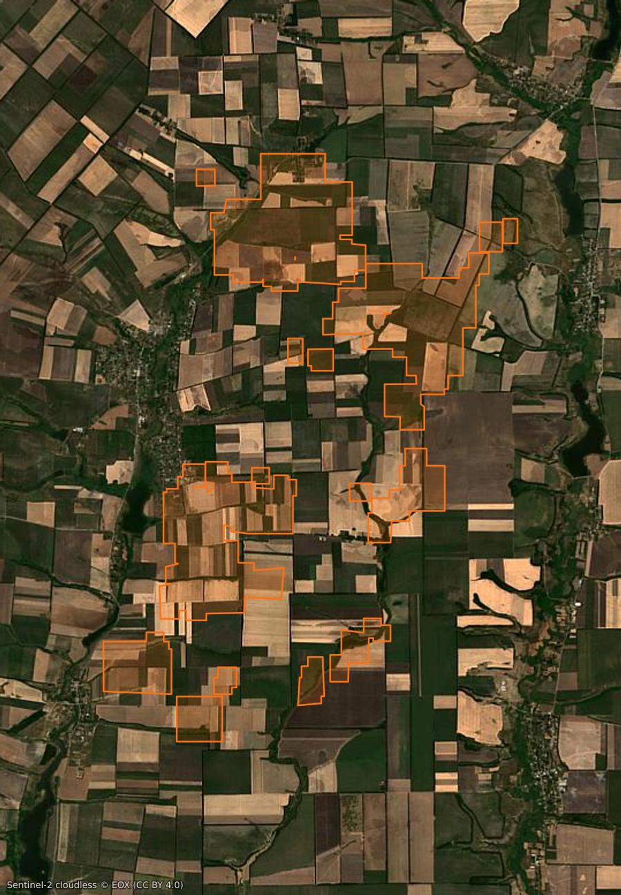 Outline of the burned area near Екатериновское сельское поселение (RU), drawn over satellite imagery