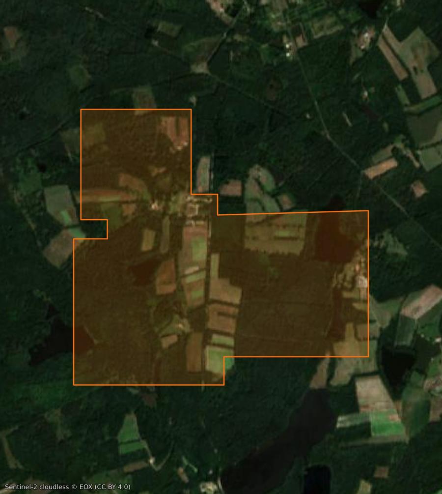Outline of the burned area near Villeny, drawn over satellite imagery