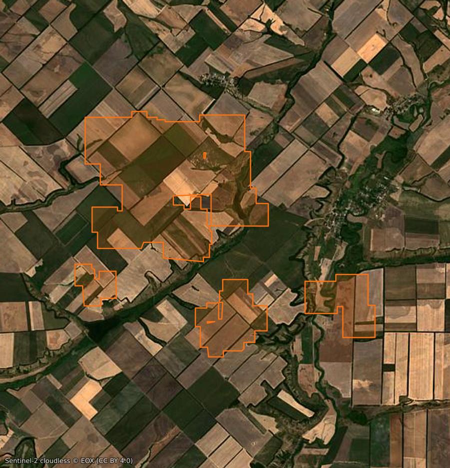 Contour de la zone brûlée de Большекрепинское сельское поселение (RU), tracé sur l'imagerie satellite