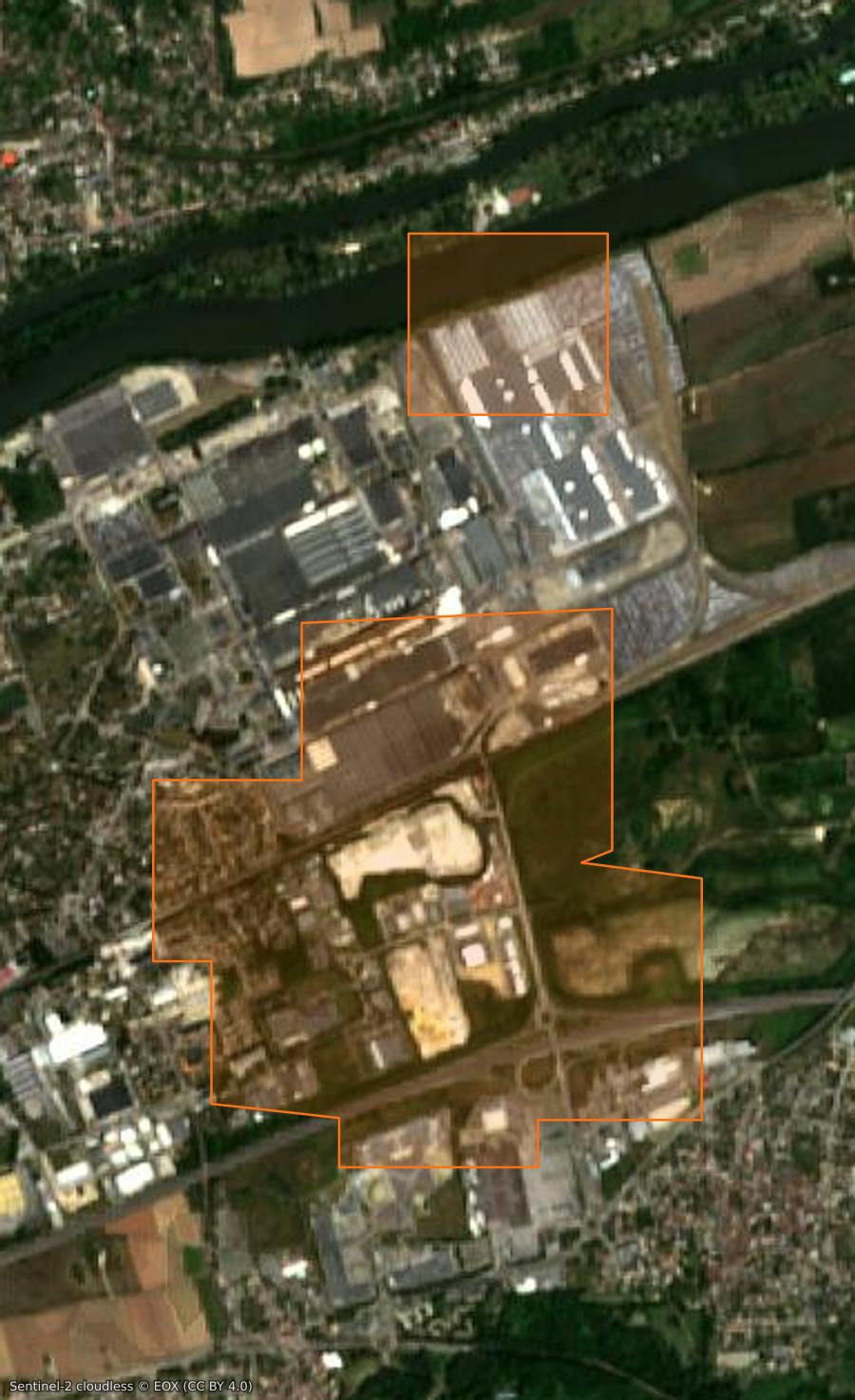 Contorno de la zona quemada cerca de Aubergenville, trazado sobre imágenes de satélite
