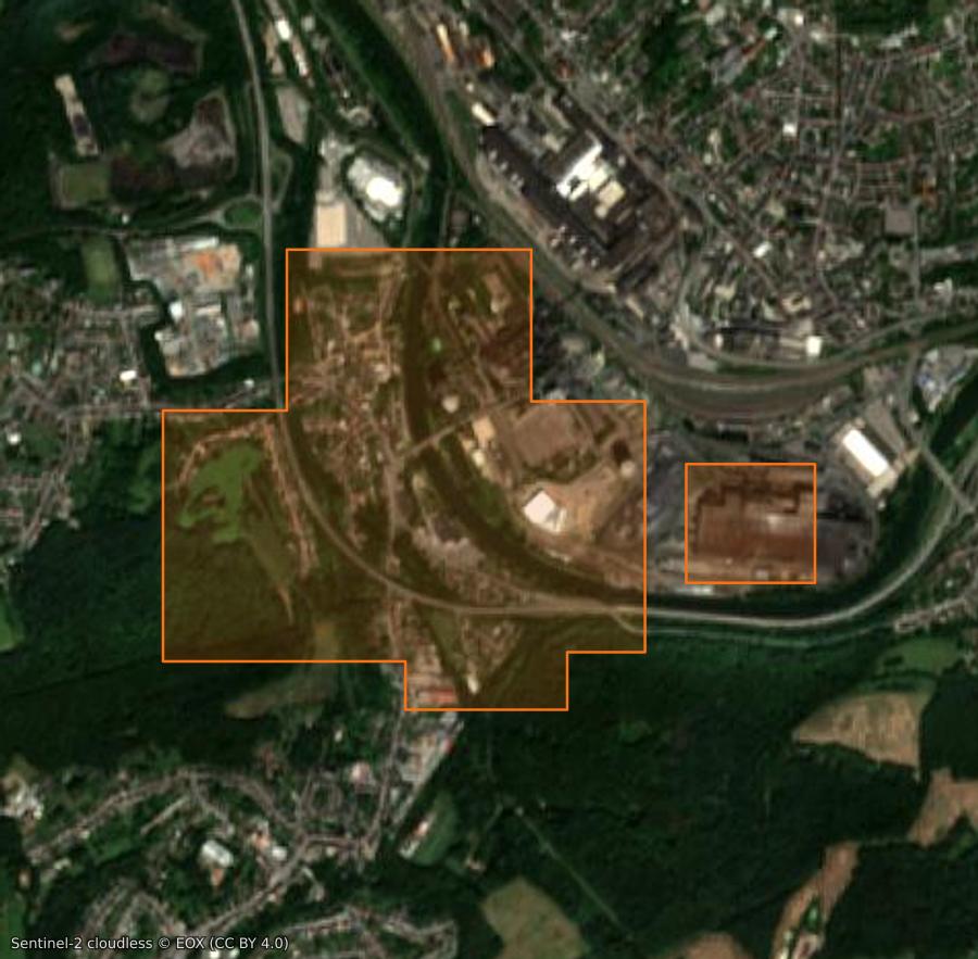 Outline of the burned area near Vœlklange (DE), drawn over satellite imagery