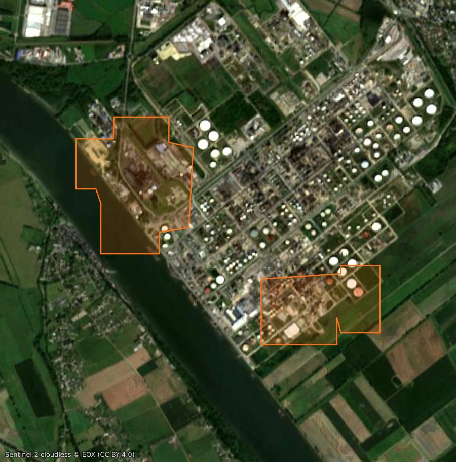 Contorno de la zona quemada cerca de Port-Jérôme-sur-Seine, trazado sobre imágenes de satélite