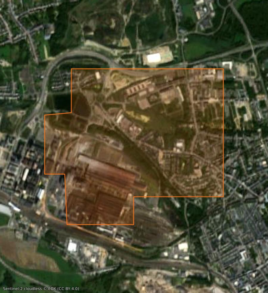 Umriss der Brandfläche bei Esch-sur-Alzette (LU), gezeichnet auf Satellitenbilder