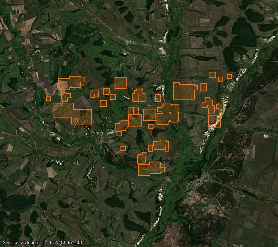 Outline of the burned area near Куп’янський район (UA), drawn over satellite imagery