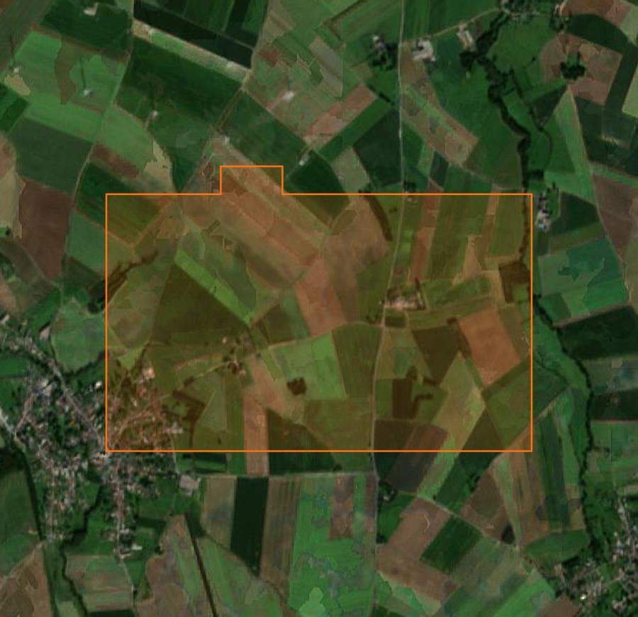 Outline of the burned area near Haussy, drawn over satellite imagery