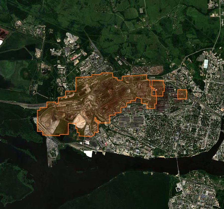 Outline of the burned area near Tcherepovets (RU), drawn over satellite imagery